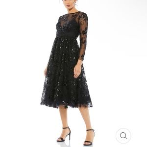 Mac Duggal 4 Black Embellished Illusion Long Sleeve Midi Dress NWT Sequins Beads